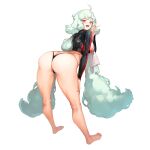  1girl ahoge ass at-4_pani barefoot bent_over blush breasts curly_hair from_behind full_body highres jacket jam_(nandade) last_origin light_green_hair long_hair looking_at_viewer official_art one-piece_swimsuit open_mouth red_eyes smile solo swimsuit tachi-e transparent_background v very_long_hair 