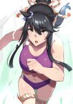  1girl 298yenomiso animal_ears black_hair breasts highres horse_ears long_hair narita_brian navel ponytail running solo sweat track_uniform umamusume yellow_eyes 