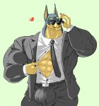  &lt;3 2017 5_fingers anthro belt big_bulge blue_background bottomwear bulge canid canine canis clothing countershading dobermann domestic_dog eyewear fingers front_view holding_object huge_bulge huge_muscle hyper hyper_bulge looking_at_viewer male mammal necktie one_eye_closed pants pinscher shirt simple_background smile solo stagor55 suit sunglasses teasing topwear wink yellow_body yellow_countershading 