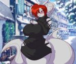  anthro beverage big_breasts blowing breasts candy chocolate cold cup dessert female food hair hot_chocolate mastergodai red_hair reptile scalie snake snow solo steam 