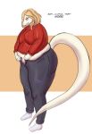  absurd_res anthro belly big_belly blonde_hair bottomwear clothing dialogue female footwear hair hi_res looking_down lumieart overweight panties pants reptile scales scalie short_hair smile snake socks solo solo_focus surprise sweater teeth tight_clothing topwear underwear white_body white_scales 