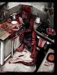  &lt;3 anthro black_body black_fur black_hair black_scales blood blood_on_clothing blood_on_hand blood_splatter bodily_fluids box bread claws clothed clothing cookware detailed detailed_background digital_media_(artwork) dismemberment eyeball food frying_pan fur furniture gore hair happy holding_object inside jeffusherb kitchen kitchen_utensils knife looking_pleasured male markings multicolored_body multicolored_hair multicolored_scales partially_clothed pixel_(artwork) red_body red_scales scales scalie smile solo standing striped_body stripes table toast toaster tongue tongue_out tools two_tone_body two_tone_hair two_tone_scales 