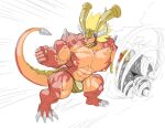  2017 4_toes 5_fingers anthro armor attack big_bulge blonde_hair bulge clothed clothing dragon feet fingers fist frown future_card_buddyfight hair headgear helmet horn huge_bulge huge_muscle male plantigrade solo spinning stagor55 standing toes underwear underwear_only veiny_muscle weapon 