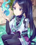  1girl arm_between_legs black_hair black_legwear breasts chinese_clothes earrings frown head_tilt jewelry knee_pads long_hair looking_at_viewer medium_breasts obi open_hand orb ponytail purple_eyes sage_(valorant) sash solo valorant very_long_hair walnut_(mottimoti) 