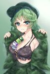  1girl 3: aqua_eyes bangs between_breasts black_tank_top blush breasts camouflage camouflage_jacket camouflage_skirt card card_between_breasts cirno cleavage closed_mouth collarbone eyebrows_visible_through_hair fingernails furrowed_eyebrows gradient gradient_background green_background green_hair green_headwear green_jacket hat jacket kerotsupii_deisuku key large_breasts long_hair looking_at_viewer midriff navel nose_blush removing_jacket simple_background skirt skirt_set solo sweat sweatdrop tank_top touhou unconnected_marketeers upper_body wet wet_clothes yamashiro_takane 