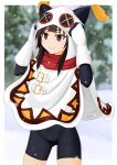  :&gt; absurdres adjusting_hood animal_ears ass_visible_through_thighs black_bodysuit blurry blurry_background bodysuit brown_hair buckle cameltoe cape commentary cowboy_shot depth_of_field gloves highres hood hood_up kono_subarashii_sekai_ni_shukufuku_wo! long_sleeves looking_ahead megumin outside_border pine_tree red_eyes red_scarf scarf short_hair short_hair_with_long_locks shorts sirokohi smile snow snowing thigh_gap tree white_cape white_gloves winter_clothes 