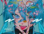  1girl 2020 :p aqua_background aqua_eyes bags_under_eyes bandaid bandaid_on_face bandaid_on_nose black_jacket blue_eyes blue_hair blue_nails blue_theme character_name close-up colorful commentary dated earbuds earphones face facepaint fingernails furrowed_eyebrows gem hair_between_eyes hair_ornament hair_ribbon hairclip hairpin half-closed_eye hand_on_own_chin hand_on_own_face hand_up hands hatsune_miku heart heart-shaped_pupils heart_hair_ornament heterochromia high_collar jacket jewelry light_particles long_hair looking_at_viewer number open_mouth piercing pink_ribbon polka_dot rainbow_hair_ornament ribbon ring shaded_face sharp_teeth shiny shiny_hair sidelocks simple_background solo star_(symbol) star_hair_ornament star_print symbol-shaped_pupils teeth temu_(tem27) tongue tongue_out tongue_piercing track_jacket tsurime twintails upper_body vocaloid 