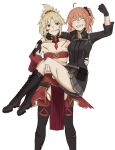  2girls ^_^ ahoge arm_around_shoulder arm_up black_gloves black_scrunchie blonde_hair blood blood_from_mouth blood_on_face boots braid breasts carrying chaldea_combat_uniform chaldea_logo clenched_hand closed_eyes fate/grand_order fate_(series) french_braid fujimaru_ritsuka_(female) gloves green_eyes grey_skirt highres injury knee_boots looking_at_viewer mordred_(fate) mordred_(fate)_(all) multiple_girls no_panties orange_hair pelvic_curtain pleated_skirt ponytail pouch princess_carry rasuku red_scarf scarf scraped_knee scrunchie side_ponytail skirt small_breasts smile thighhighs thighs torn_clothes torn_legwear white_background 