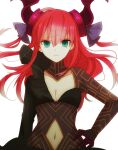  1girl aqua_eyes black_gloves breasts clothing_cutout dragon_horns eiku elizabeth_bathory_(fate) elizabeth_bathory_(fate)_(all) fate/extella fate/extra fate_(series) gloves hair_between_eyes hand_on_hip highres horns long_hair long_sleeves looking_at_viewer medium_breasts navel navel_cutout purple_ribbon red_hair ribbon solo two_side_up upper_body white_background 