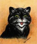  ambiguous_gender black_body black_fur domestic_cat felid feline felis feral fur green_eyes louis_wain mammal open_mouth pink_nose signature simple_background smile solo traditional_media_(artwork) whiskers 