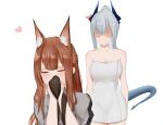  2girls anger_vein animal_ears arknights blush breasts brown_hair cleavage closed_eyes dragon_horns dragon_tail fox_ears franka_(arknights) heart highres horns liskarm_(arknights) multiple_girls naked_towel shaded_face silver_hair smelling smelling_clothes tail towel vamjulian white_background yuri 