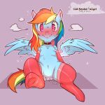  1:1 2021 blush bodily_fluids clothing cold-blooded-twilight digital_media_(artwork) english_text equid equine eyelashes female feral friendship_is_magic front_view genital_fluids genitals hasbro hi_res legwear looking_at_viewer mammal my_little_pony pegasus pussy pussy_juice rainbow_dash_(mlp) simple_background smile solo text wings 