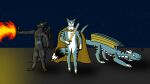  anthro blue_body blue_fur canid canine cape claws clothing dragon elemental_manipulation felid feral fire fire_manipulation floor fox fur group hi_res horn lorka magic magic_user male mammal melee_weapon night nijtus nijtus_(nijtus) pantherine scales sky sky_(sky25) star starry_sky stripes sword tiger weapon wings 