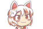  1girl :3 animal_ears bell blush brown_eyes brown_hair cat_ears commentary_request dot_nose goutokuji_mike gyate_gyate ikiyouz multicolored_hair neck_bell orange_hair portrait short_hair solo touhou white_background white_hair 