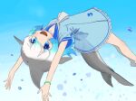  1girl :d arms_up bangs bare_arms bare_legs blowhole blue_background blue_dress blue_eyes blue_hair blue_sailor_collar bracelet common_bottlenose_dolphin_(kemono_friends) dolphin_tail dot_nose dress eyebrows_visible_through_hair eyes_visible_through_hair feet_out_of_frame fins frills from_side gen-san_(x_xxxg) gradient gradient_background gradient_hair grey_neckwear hair_between_eyes head_fins japari_symbol jewelry jumping kemono_friends long_hair looking_at_viewer looking_back looking_to_the_side multicolored_hair neckerchief open_mouth outstretched_arms sailor_collar sailor_dress short_sleeves sleeve_cuffs smile solo tail_fin tareme upper_teeth upside-down water_drop white_hair 