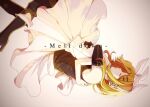  2girls bare_shoulders barefoot blonde_hair boots bow closed_eyes commentary dress dual_persona eiku elbow_gloves gloves hair_bow hair_ornament hair_ribbon hairclip headphones highres hug kagamine_rin long_hair multiple_girls pleated_dress ribbon roshin_yuukai_(vocaloid) short_hair sleeveless tattoo vignetting vocaloid white_bow white_dress 