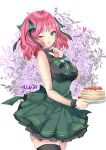  1girl bangs bare_arms black_legwear black_ribbon black_shirt blue_eyes blunt_bangs blush bow breasts brooch butterfly_hair_ornament cake cake_slice flower food frilled_skirt frills go-toubun_no_hanayome green_bow green_skirt hair_ornament heart high-waist_skirt highres holding holding_plate jewelry ku-ini large_breasts looking_at_viewer nail_polish nakano_nino one_eye_closed open_mouth pink_hair pink_nails plate ribbon shirt simple_background skirt sleeveless sleeveless_shirt sparkling_eyes strawberry_shortcake thick_thighs thighhighs thighs twintails wrist_cuffs zettai_ryouiki 