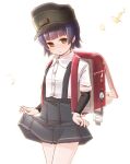  1girl arare_(kancolle) arm_warmers backpack bag black_hair black_headwear black_skirt brown_eyes commentary crime_prevention_buzzer fujisaki_yuu hat kantai_collection lifted_by_self looking_at_viewer one-hour_drawing_challenge pleated_skirt randoseru shirt short_hair short_sleeves simple_background skirt skirt_hold solo suspender_skirt suspenders white_background white_shirt 