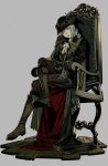  1girl absurdres ascot bloodborne boots brooch cape chair coat cravat crossed_legs gem gloves grey_background grey_eyes hand_on_own_cheek hand_on_own_face hand_on_own_thigh hat hat_feather highres jewelry lady_maria_of_the_astral_clocktower long_hair looking_at_viewer open_mouth ponytail simple_background sitting smile solo taisowbukurow the_old_hunters tricorne white_hair 