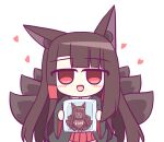  1girl akagi_(azur_lane) animal_ear_fluff animal_ears azur_lane black_kimono brown_hair brown_tail candy chibi chocolate chocolate_heart eyebrows_visible_through_hair food fox_ears heart holding holding_chocolate holding_food japanese_clothes kashimu kimono long_hair looking_at_viewer multiple_tails open_mouth red_eyes red_skirt simple_background skirt solo tail valentine white_background wide_sleeves 