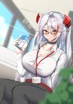  1girl absurdres ahoge alternate_costume azur_lane belt breasts button_gap choker cleavage collared_shirt glasses grey_pants headgear highres indoors j_yak47 juice_box large_breasts long_hair office_lady pants prinz_eugen_(azur_lane) red_belt shirt silver_hair sitting twintails window yellow_eyes 