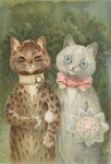  ambiguous_gender anthro biped blue_eyes collar domestic_cat duo felid feline felis fur grey_body grey_fur louis_wain mammal pink_nose smile standing traditional_media_(artwork) whiskers yellow_collar 