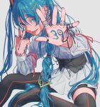  1girl absurdres alternate_costume alternate_hairstyle arm_support elbow_rest foot_out_of_frame grey_background hands_up hatsune_miku head_tilt highres huge_filesize leaning_forward palms ritao_kamo simple_background sitting solo spread_legs twitter_username v vocaloid 