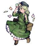  1girl boots brown_footwear camouflage camouflage_jacket camouflage_skirt card dress flat_cap green_dress green_eyes green_hair hat highres holding holding_card jacket key mefomefo petticoat pocket skirt smile solo spell_card suitcase touhou wavy_hair yamashiro_takane 