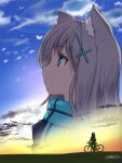  1girl animal_ear_fluff animal_ears bangs bicycle black_jacket blue_archive blue_eyes blue_scarf cloud dated eyebrows_visible_through_hair grey_hair ground_vehicle hair_ornament highres jacket long_hair looking_away parted_lips profile scarf shiroko_(blue_archive) signature sunset twitter_username yukinoshiro 