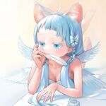  1girl ahoge angel animal_ear_fluff animal_ears bangs bare_shoulders barefoot blue_eyes blue_hair blush bow braid breasts cat_ears cat_girl cleavage collarbone colored_eyelashes commentary_request dress english_text eyebrows_visible_through_hair feathered_wings feathers feet_up forehead hair_bow hair_ribbon half-closed_eyes hand_up head_rest highres inkwell jpeg_artifacts kaede_(shijie_heping) light_blush long_hair lying mouth_hold multiple_wings on_stomach orange_background original paper quill ribbon simple_background small_breasts solo strapless strapless_dress the_pose tied_hair twintails white_bow white_dress white_ribbon white_wings wings 