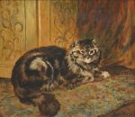  ambiguous_gender detailed_background domestic_cat felid feline felis feral hi_res inside louis_wain mammal orange_eyes quadruped signature solo striped_body stripes traditional_media_(artwork) whiskers 