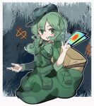  1girl absurdres backpack bag bangs camouflage camouflage_jacket camouflage_skirt card chinese_commentary cowboy_shot dollar_sign dress eyebrows_visible_through_hair green_dress green_eyes green_hair green_headwear hat highres holding holding_card jacket key long_hair maple-xf petticoat skirt solo touhou wavy_hair yamashiro_takane 