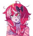  1girl bow hair_bow heterochromia highres hololive hololive_indonesia idol kureiji_ollie multicolored_hair open_mouth patchwork_skin red_eyes red_hair solo stitches virtual_youtuber yellow_eyes yuno_(p2eocene) zombie 