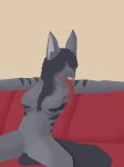  absurd_res anthro canid dark_grey_fur female fur furniture grey_body grey_fur hair happy-tca- hi_res long_hair mammal red_couch sitting sofa solo spreaded_legs tongue tongue_out 