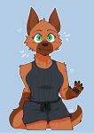  &lt;3 2021 anthro big_breasts black_bottomwear black_clothing black_pawpads black_shirt black_shorts black_tank_top black_topwear blue_background blush bottomwear breasts brown_body brown_fur brown_inner_ear canid canine canis chest_tuft clothing domestic_dog eyebrow_piercing facial_piercing fangs female front_view fur gesture green_eyes hand_in_pocket hi_res inner_ear_fluff looking_at_viewer mammal pawpads piercing pockets ring rose_naire shirt shorts simple_background smile solo sonokido tank_top topwear tuft waving 