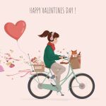  1girl absurdres animal artist_request balloon bicycle bicycle_basket bottle brown_hair cat english_commentary from_side full_body green_sweater grey_legwear ground_vehicle happy_valentine heart heart_balloon highres lofi_girl lofi_hip_hop_radio_-_beats_to_relax/study_to love_letter official_art pants red_scarf riding riding_bicycle scarf shoes smile sneakers socks solo_focus sweater tabby_cat valentine white_footwear wine_bottle wireless 