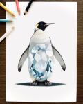  animal animal_focus aquamarine_(gemstone) bird colored_pencil_(medium) emperor_penguin erumo_0384 full_body highres no_humans original penguin photo_(medium) shadow simple_background standing traditional_media white_background 