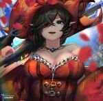  1girl absurdres bangs black_gloves breasts collar daeno eyepatch gloves green_eyes grin guardian_tales hair_over_one_eye hat highres long_hair looking_at_viewer medium_breasts pirate pirate_hat pirate_rachel pointy_ears red_headwear smile 