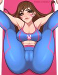  1girl abs airpods armpits blue_pants blue_sports_bra blush breasts brown_eyes brown_hair cameltoe cleavage commission d.va_(overwatch) dimedrolly english_commentary eyeliner folded kneepits large_breasts legs_over_head lips long_hair looking_at_viewer lying makeup mismatched_eyebrows navel nose_blush on_back overwatch pants pink_lips solo sports_bra thick_eyebrows thick_thighs thighs yoga yoga_pants 