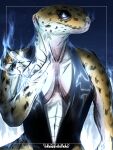  absurd_res anthro benjamin_ratterman big_breasts breasts elemental_manipulation female fire fire_manipulation gecko hi_res lizard looking_at_viewer magic magic_user night raised_hand reptile scalie sky solo spots white_fire 