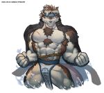  2021 abs accessory anthro canid canine canis clothing fur hair headband hi_res horkeukamui male mammal multicolored_body multicolored_fur muscular muscular_anthro muscular_male pecs solo tokyo_afterschool_summoners video_games white_body white_fur wolf wolfmalro 