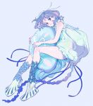  1girl animal animal_hug blue_eyes blue_nails dress frilled_dress frills halftone highres jellyfish long_hair looking_at_viewer original oversized_animal purple_background purple_hair signature simple_background sleeveless sleeveless_dress smile solo umishima_senbon white_dress 