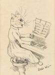  5_fingers ambiguous_gender anthro biped black_eyes chair domestic_cat felid feline felis fingers furniture hi_res keyboard_instrument louis_wain mammal musical_instrument open_mouth piano signature simple_background sitting traditional_media_(artwork) white_background white_nose 