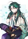  1boy alternate_hair_length alternate_hairstyle ar_(rikuesuto) armor asymmetrical_clothes bangs bead_necklace beads closed_mouth crossed_legs facial_mark forehead_mark genshin_impact gloves green_hair jewelry long_hair male_focus multicolored_hair necklace shoulder_armor simple_background sitting solo spikes squiggle star_(symbol) tassel twitter_username xiao_(genshin_impact) yellow_eyes 