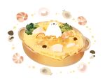  artist_name bear bowl chai commentary_request food_focus gratin highres looking_at_viewer mushroom no_humans original seafood shrimp simple_background sitting_on_food white_background 