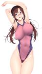  1girl absurdres armpits arms_up ass_visible_through_thighs bangs bare_shoulders blue_eyes breasts brown_hair collarbone commentary_request covered_nipples fingernails glasses hair_ornament hairband highleg highleg_swimsuit highres large_breasts lips long_hair looking_at_viewer makinami_mari_illustrious neon_genesis_evangelion one-piece_swimsuit open_mouth rebuild_of_evangelion red-framed_eyewear shiny shiny_hair simple_background smile solo swimsuit teeth thighs tied_hair two-tone_swimsuit white_background zucchini 