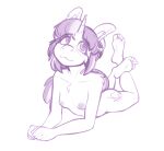  2021 anthro conditional_dnp ear_piercing equid equine feet female fingers hasbro hi_res horn humanoid_feet looking_at_viewer mammal my_little_pony nipples nude piercing shoulder_tuft simple_background solo sugarlesspaints tuft unicorn unicorn_horn white_background young 
