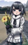  1girl :d absurdres bangs black-headed_ibis_(kemono_friends) black-headed_ibis_(kemono_friends)_(cosplay) black_gloves black_hair black_legwear blowhole blue_eyes blue_hair blunt_bangs brick_road commentary cosplay cowboy_shot eyebrows_visible_through_hair flower frilled_sleeves frills fur_collar gloves gradient_hair grey_hair highres holding holding_flower kemono_friends long_sleeves looking_at_viewer multicolored_hair narwhal_(kemono_friends) open_mouth outdoors pantyhose pleated_skirt shirt short_hair_with_long_locks signature skirt smile solo welt_(kinsei_koutenkyoku) white_shirt white_skirt wide_sleeves 