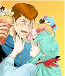  1boy 1girl :d blue_hair blue_jacket blue_kimono border bow brown_eyes brown_hair couple crepe eye_contact food food_on_face hair_bow height_difference hetero holding holding_food holding_handkerchief imuro jacket japanese_clothes kimono kuwabara_kazuma long_hair long_sleeves looking_at_another open_mouth ponytail red_bow red_eyes shiny shiny_hair simple_background smile white_border yellow_background yukina_(yuu_yuu_hakusho) yuu_yuu_hakusho 