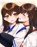  2girls akagi_(kancolle) bangs blush brown_eyes brown_hair closed_eyes hair_between_eyes hair_down hand_on_another&#039;s_shoulder heart highres japanese_clothes kaga_(kancolle) kantai_collection kozu_(bloomme1_me) long_hair multiple_girls muneate open_mouth simple_background spoken_blush tasuki twitter_username two-tone_background upper_body 